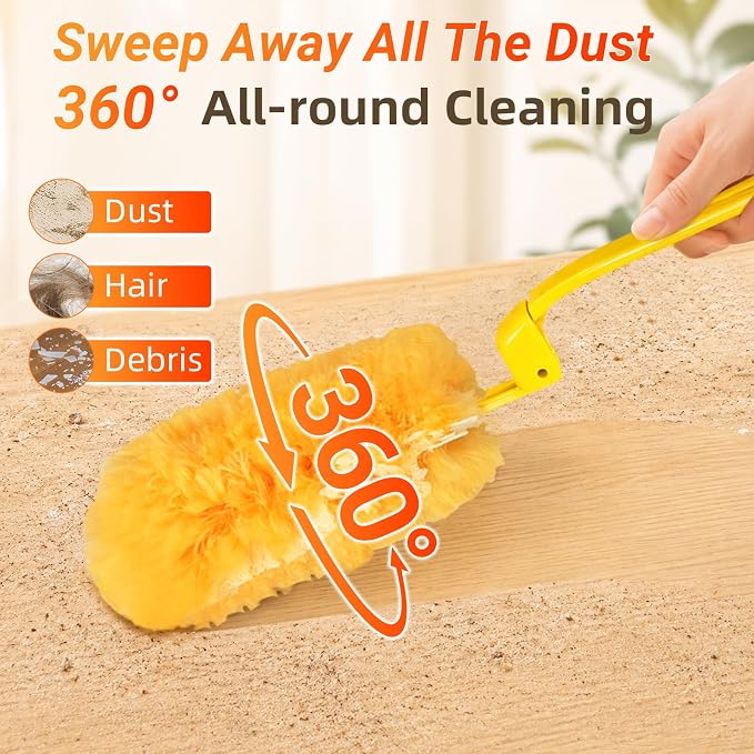 60 Count Heavy Duty Duster Refills for Swiffer Duster, 360° Double-Sided Electrostatic Dusting Pads with Upgraded Thick Fibers, 2 Handles Included, Microfiber Duster for Cleaning Home(Yellow