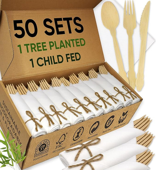 EcoPreps Luxury Pre-Rolled Napkin and Bamboo Cutlery Set (50 Pack, 200 PCS) 100% Biodegradable, Eco-Friendly, Disposable Wrapped Cutlery - Includes Pre-Wrapped Bamboo Forks, Knives, Spoons, & Napkins