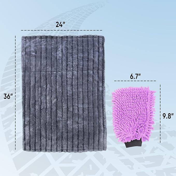Polish Pro Car Drying Towel & Wash Mitt, Ultra Soft, Super Absorbent 1400 GSM Car Washing Kit, Twisted Loop & Coral Fleece, Holds Up to 10lbs Water, 24"x36", Set of 2