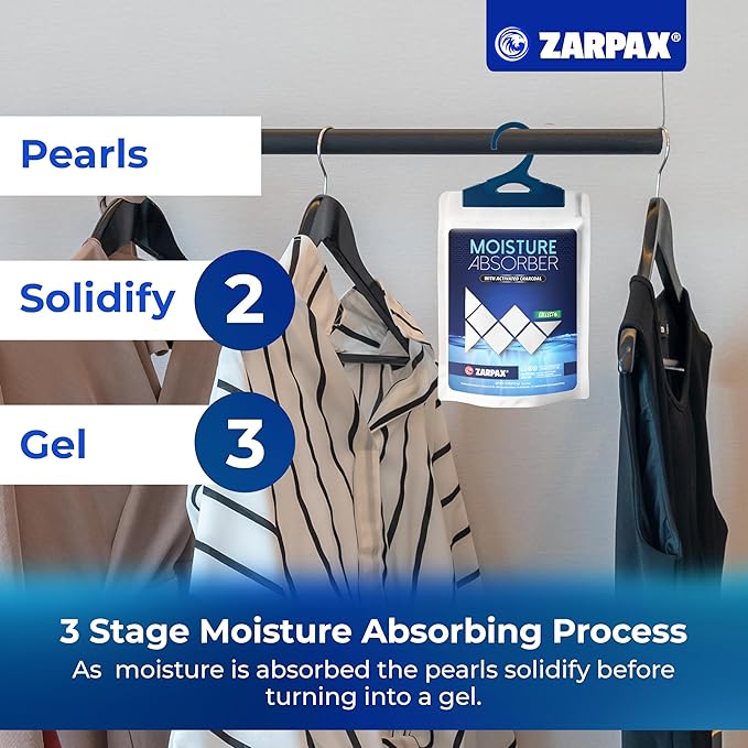Zarpax Moisture Absorber Sachets Activated Charcoal 7.5 oz/212g - Remove Excess Moisture In Air & Odor - Desiccant Dehumidifier for Closet, Drawer, Storage - Dampness & Humidity Control - Set of 10