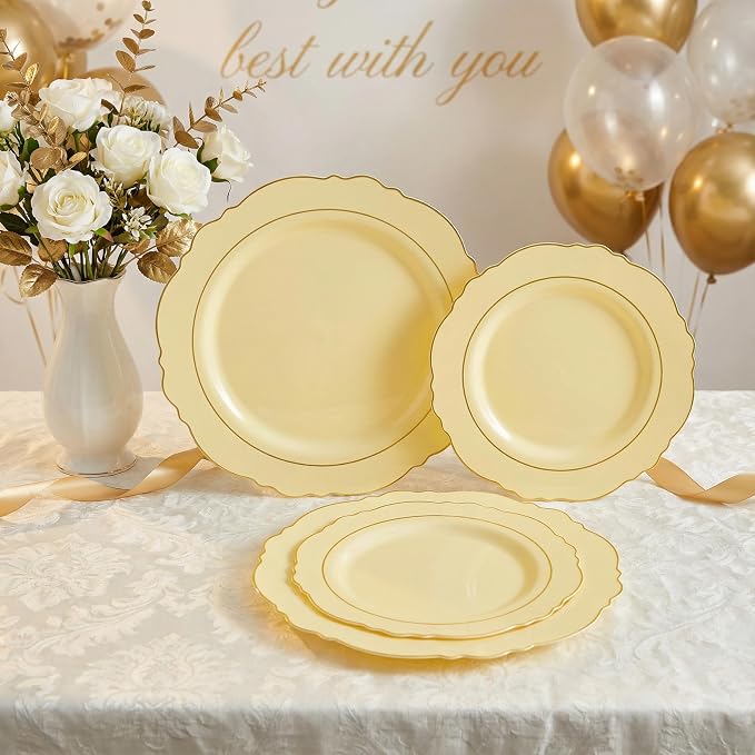 Liacere 350PCS Yellow Plates - Yellow Disposable Plastic Plates With Gold Rim-50Guest Plastic Dinnerware include 100 Plates,50 Pack Pre Rolled Napkins with Silverware 50Cups for Wedding＆Party