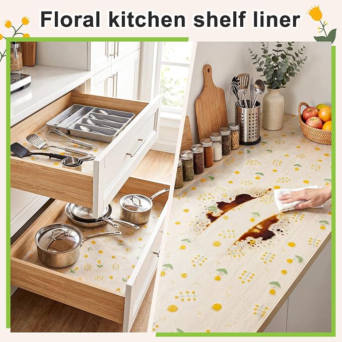 Beautysaid Shelf Liner Non Adhesive — EVA Drawer & Cabinet Liner, Waterproof Non Slip Kitchen Shelf Paper, Thick Washable Refrigerator Mat for Cabinet Shelves & Pantry, Floral, 24 in x 10 FT