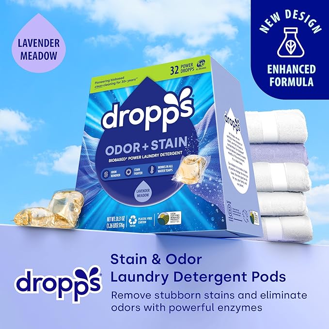 Dropps Odor & Stain Laundry Detergent Pods, Lavender Meadow (32 Count) - Powerful Laundry Pods | Complete Clean Laundry Soap | Fights Odors & Stains | Clean Ingredients | Plastic Free Packaging