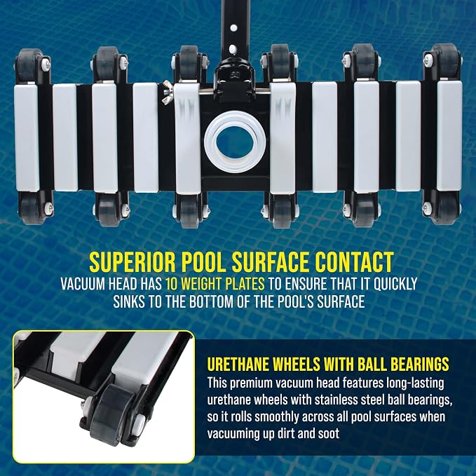 U.S. Pool Supply 19" Manual Pool Vacuum Head for Inground Pools, Flexible, Extra-Wide, Weighted - Heavy-Duty, 10 Weights, 7 Lbs, Connect 1.5" Hose, Swivel Direction-Control Metal Pole Handle, Cleaning