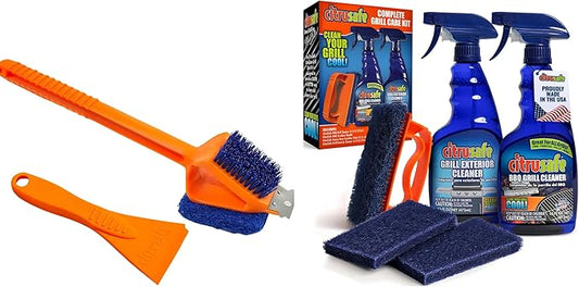 Citrusafe Grill Cleaning Kit - BBQ Cleaner Spray, Exterior Cleaner, 3 CT Grill & Griddle Scrubbers, 3in1 Nylon Brush, Cookbox Scrubber