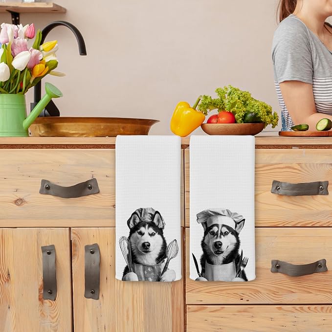 Funny Chef Siberian Husky Kitchen Towels Set of 2, Husky Lovers Gifts Dish Tea Towels for Kitchen, Dog Mom Dad Lovers Owner Gifts Decorative Hand Towel, 16x24 Inch