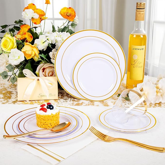 GATHER 175 Pieces Gold Dinnerware Disposable - White and Gold Plastic Plates Includes 50 Plates, 25 Plastic Silverware, 25 Napkins, 25 Cups for Wedding Party