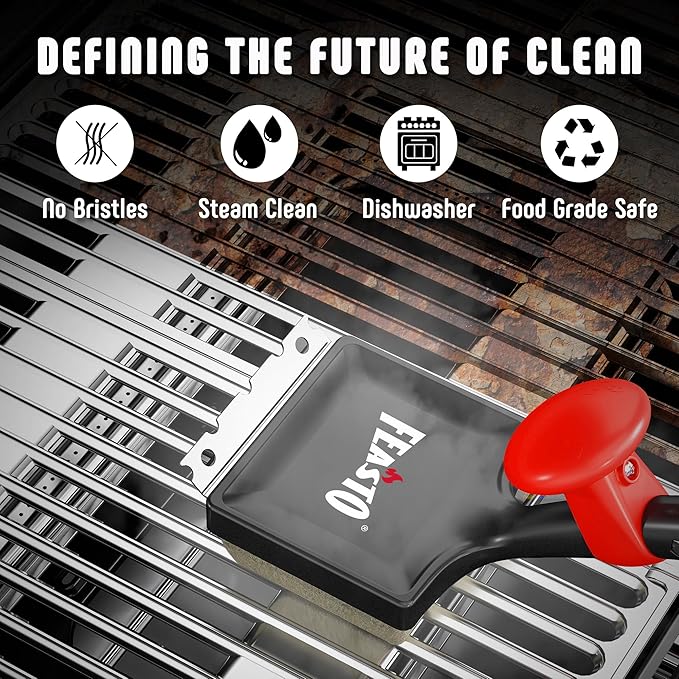 Feasto Grill Brush with Steam and 2 Replacement Brush Heads, 6-in-1 Bristle-Free with Interwoven-Tech & Thermal-Sensitive Sponge, Stainless Steel Scraper, 360° Rotating Knob, Bottle Opener