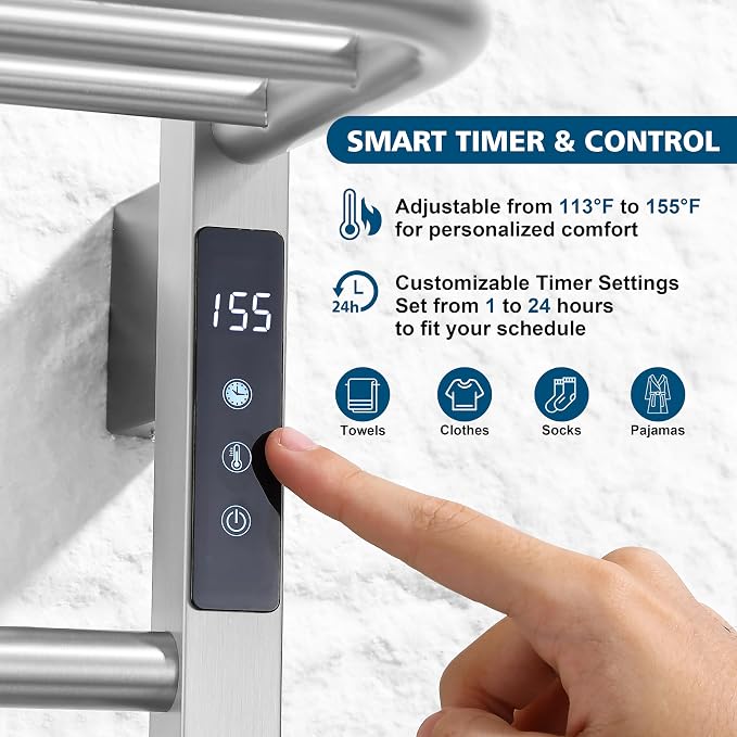 Heated Towel Racks for Bathroom, Hot Towel Warmer with 24hr Timer Stainless Steel Wall Mounted Electric Towel Warmers for Bathroom (Nickel, 5-Bar)