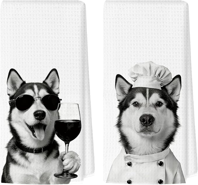 Funny Husky Kitchen Towels Set of 2, Dog Kitchen Bar Accessories, Dog Chef Gifts for Women Decorative Hand Towels for Kitchen Decor, Husky Lovers Dish Tea Towel, 16x24 Inch