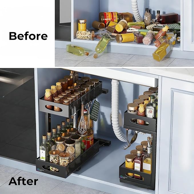 Metal Under Sink Organizer for Kitchen and Bathroom, With 3M Self Adhesive Holder, Slide Out Storage Rack, Adjustable Height, 2-Tier Easy Access Baskets, 4 Hanging Hooks