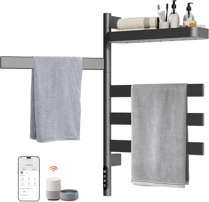 ENZE Smart Rotating Heated Towel Rack for Bathroom, 4-Bar Wall-Mounted Electric Towel Warmer with Swivel Shelf, Wi-Fi App Control, 24H Timer, Stainless Steel, IPX5, Hardwired/Plug-in, Gray