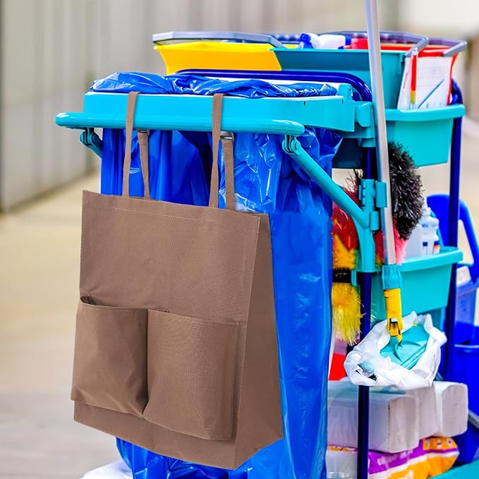 Janitorial Cart Bag Replacement for Cleaning Cart Utility Trash Collection Bag with Hooks Housekeeping Cleaning Tote for Hotel and Commercial Use Coffee 17.71X15.74X7.87In