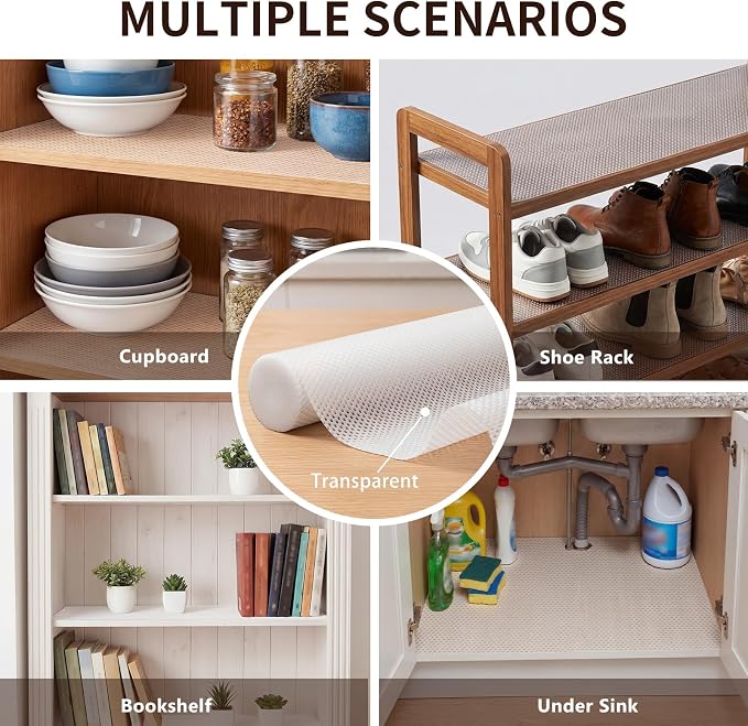 PABUSIOR Cabinet Drawer Liners for Shelves: 100% EVA Non Slip Clear Kitchen Cupboard Mats 13" x 120" - Multiple Wide Non-Adhesive Waterproof Refrigerator Shelf Liner for Pantry Shelves Bathroom