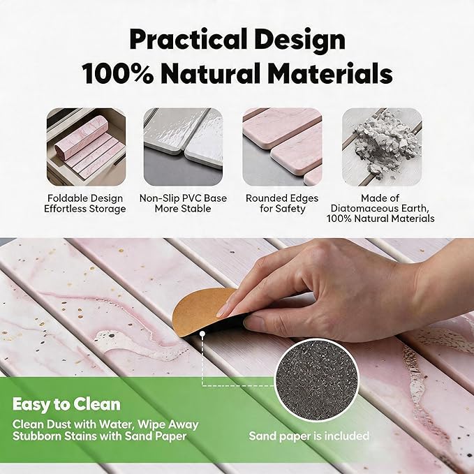 Stone Drying Mat for Kitchen Counter, Quick Diatomaceous Earth Mats for Dishes, 23.6"L x 15.7" W Super Absorbent Fast-Drying Collapsible Countertop Stone Mat (Marble White-07, 24" x 16")