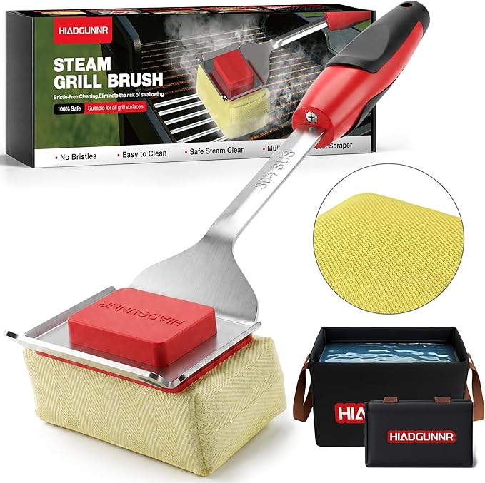 Grill Brush Bristle Free with Collapsible Bucket, BBQ Grill Cleaning Brush for Outdoor with Replaceable Head and Scraper, Safe Non-Metallic Bristles for Cast Iron or Stainless-Steel Grill Tools