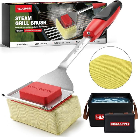 Grill Brush Bristle Free with Collapsible Bucket, BBQ Grill Cleaning Brush for Outdoor with Replaceable Head and Scraper, Safe Non-Metallic Bristles for Cast Iron or Stainless-Steel Grill Tools