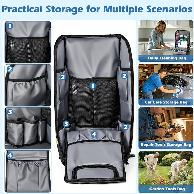 Rolling Cleaning Caddy Bag with Wheels, Large Cleaning Supplies Organizer Backpack with Detachable Trolley and Cleaning Apron for Housekeepers, Home, Hotel & Car Detailing