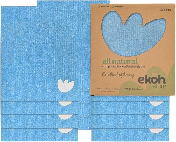 Swedish Dishcloths for Kitchen by EKOH – 12 Pack Reusable Paper Towels – Washable Eco-Friendly Cellulose Sponge Cloths – Odor-Free, Absorbent Cleaning Towels – Blueberry Design