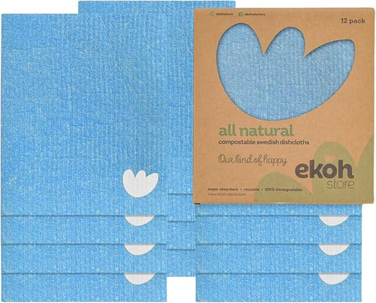Swedish Dishcloths for Kitchen by EKOH – 12 Pack Reusable Paper Towels – Washable Eco-Friendly Cellulose Sponge Cloths – Odor-Free, Absorbent Cleaning Towels – Blueberry Design