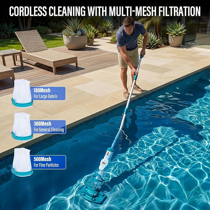2026 Upgraded Cordless Pool Vacuum for Above Ground Pools, Dual Modes High-Flow/Strong-Suction, 1520GPH, 60 Mins Runtime, Handheld Pool Cleaner with Telescopic Pole, 3 Filter Bags