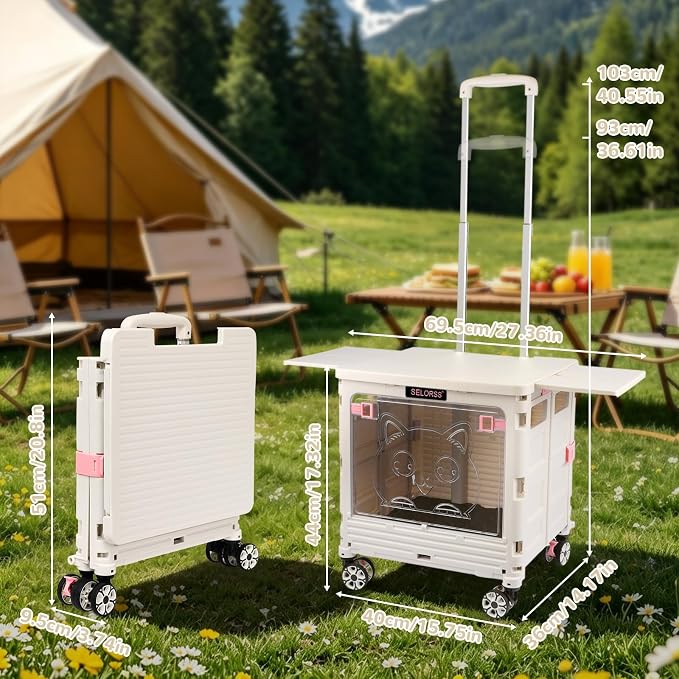 FELICON SELORSS Folding Utility Cart Portable Rolling Crate Handcart on Rotate Wheels with Magnetic Sliding Lid Telescoping Handle Lockable Transparent Front Panel for Travel Shop Office Teacher(Gray)