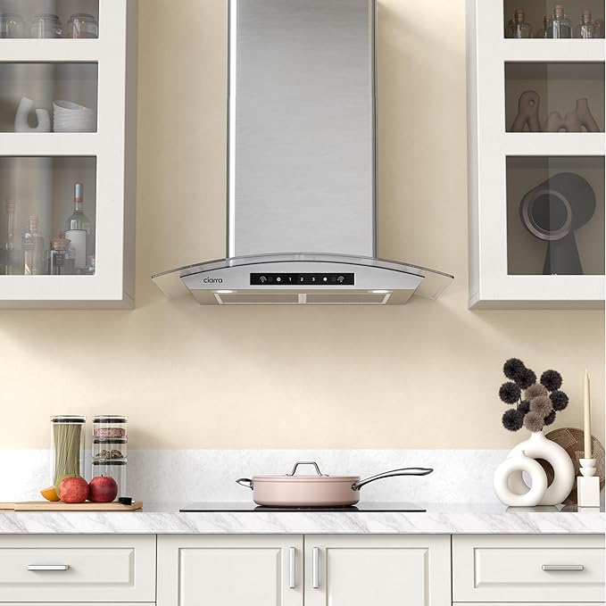Wall Mount Range Hood 30 inch with Soft Touch Control in Stainless Steel & Tempered Glass, Stove Vent Hood for Kitchen with 3 Speed Fan, Permanent Filters, Ductless Convertible Duct, CIARRA CAS75502