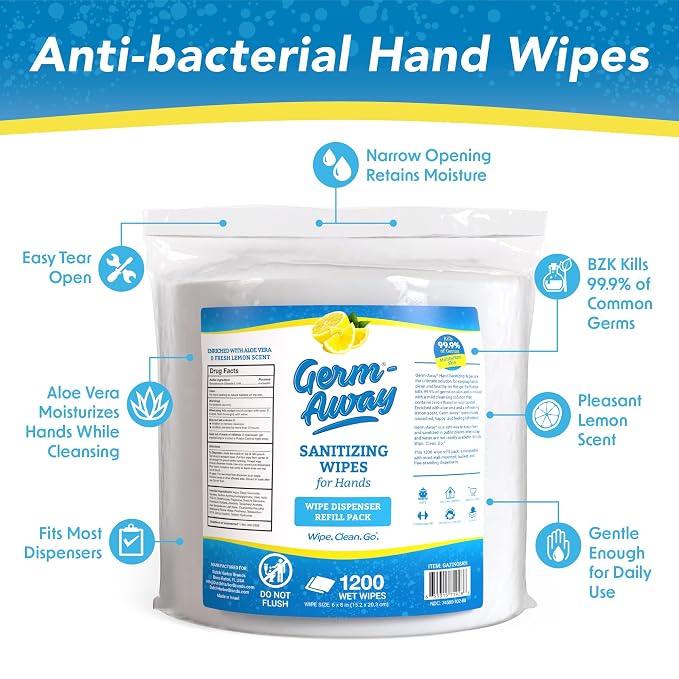 Hand Wipes, 1200 CT Refill Roll for Dispensers, Lemon Scent, Sanitizing Wipes with Moisturizing Aloe Vera, 1200 Count (Pack of 1)