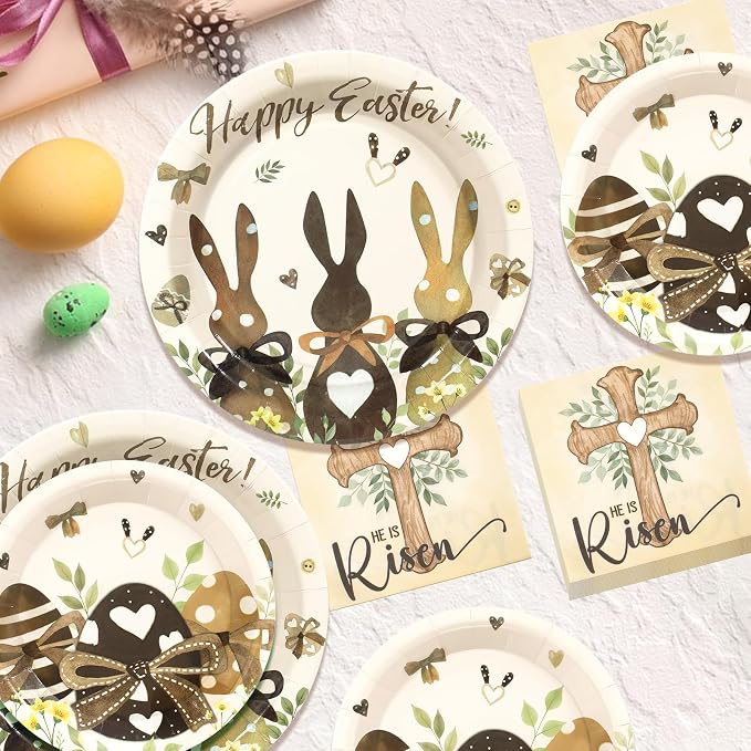 150 Pcs Happy Easter Plates and Napkins,Easter Egg Bunny Disposable Dinnerware Set for Holiday Party Supplies Table Decorations, Serves 50