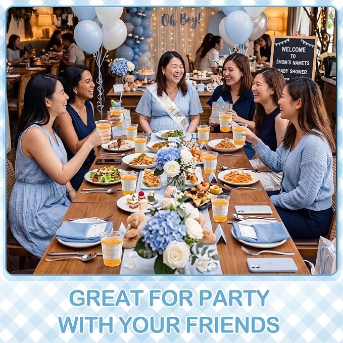 100 Pcs Blue Gingham Plastic Cups 12 oz Light Blue Checkered Plaid Disposable Plastic Drinking Cups Bulk for Baby Shower Wedding Birthday Christmas Party Decoration Supplies