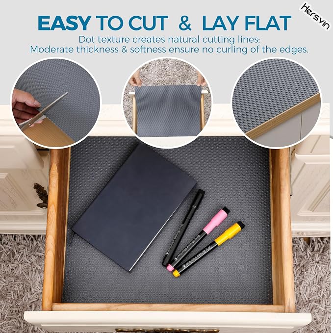 Hersvin Shelf Liners, 24in x 20ft Kitchen Drawer Mats, Non-Adhesive EVA Cupboard Protector, Cabinet Lining (Dark Gray/Dot)