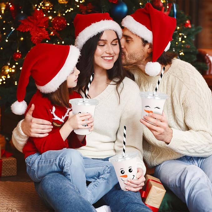 FYSUIMU 100Pcs 12Oz Snowman Plastic Cups with Lids and Straws Christmas Winter Disposable Cup Cute Snowman Face Cold Beverage Drinking Cups for Winter Xmas Party Supplies