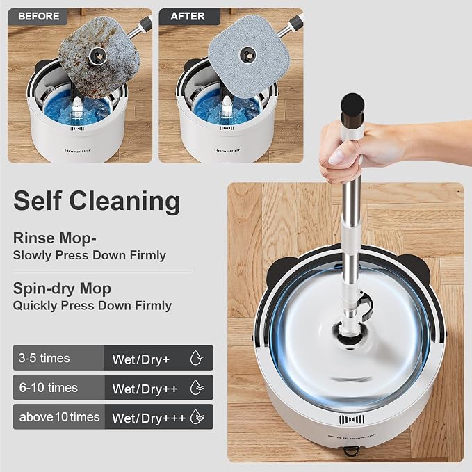 HoMettler Mop and Bucket Set, Spin Mop and Detachable Inner Mop Bucket with Separate Dirty/Clean Water System, Self-Wringing Square Mops for Floor/Wall Cleaning with 6 Microfiber Pads