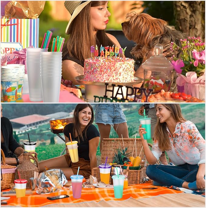 Honeydak 15 Pack Tumbler with Straw and Lid Bulk Cups for Gifts Water Bottle Iced Coffee Travel Mug Cup Reusable Plastic Tumblers for Party Birthdays 24-27 oz (Pretty Color)