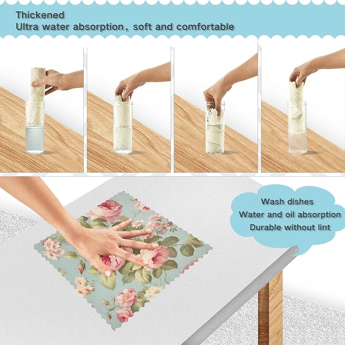 senya Kitchen Dishcloths, Vintage Pink Rose Flower Cloth Dish Towels 6 Pack Super Absorbent Dishtowels Reusable Cleaning Cloths