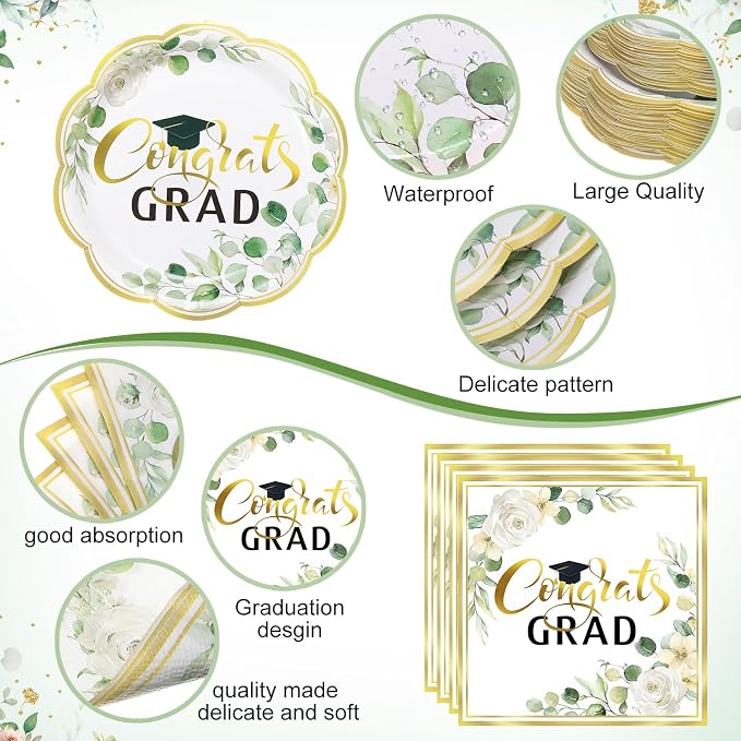 Pickmesh 250 Pcs Class of 2026 Graduation Party Supplies for 50, Sage Green Gold Floral Congrats Grad Paper Plates Napkins Cups Disposable Graduation Party Tableware Set for Grad Table Decoration
