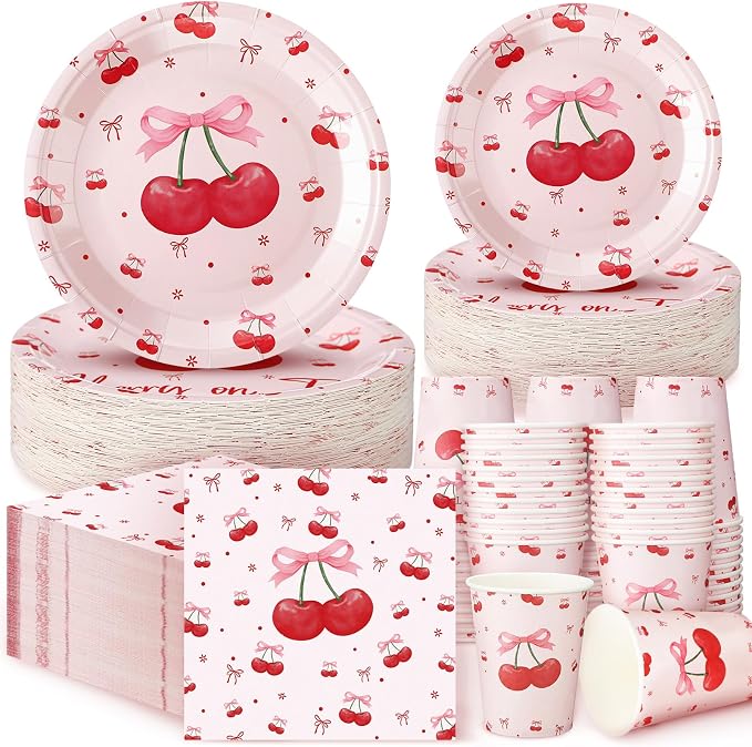Zhehao 200 Pcs Cherry Decoration Baby Shower Plates Napkins Sets Birthday Party Bridal Shower Decoration Wedding Paper Plates Engagement Bachelorette Supplies, Serve 50