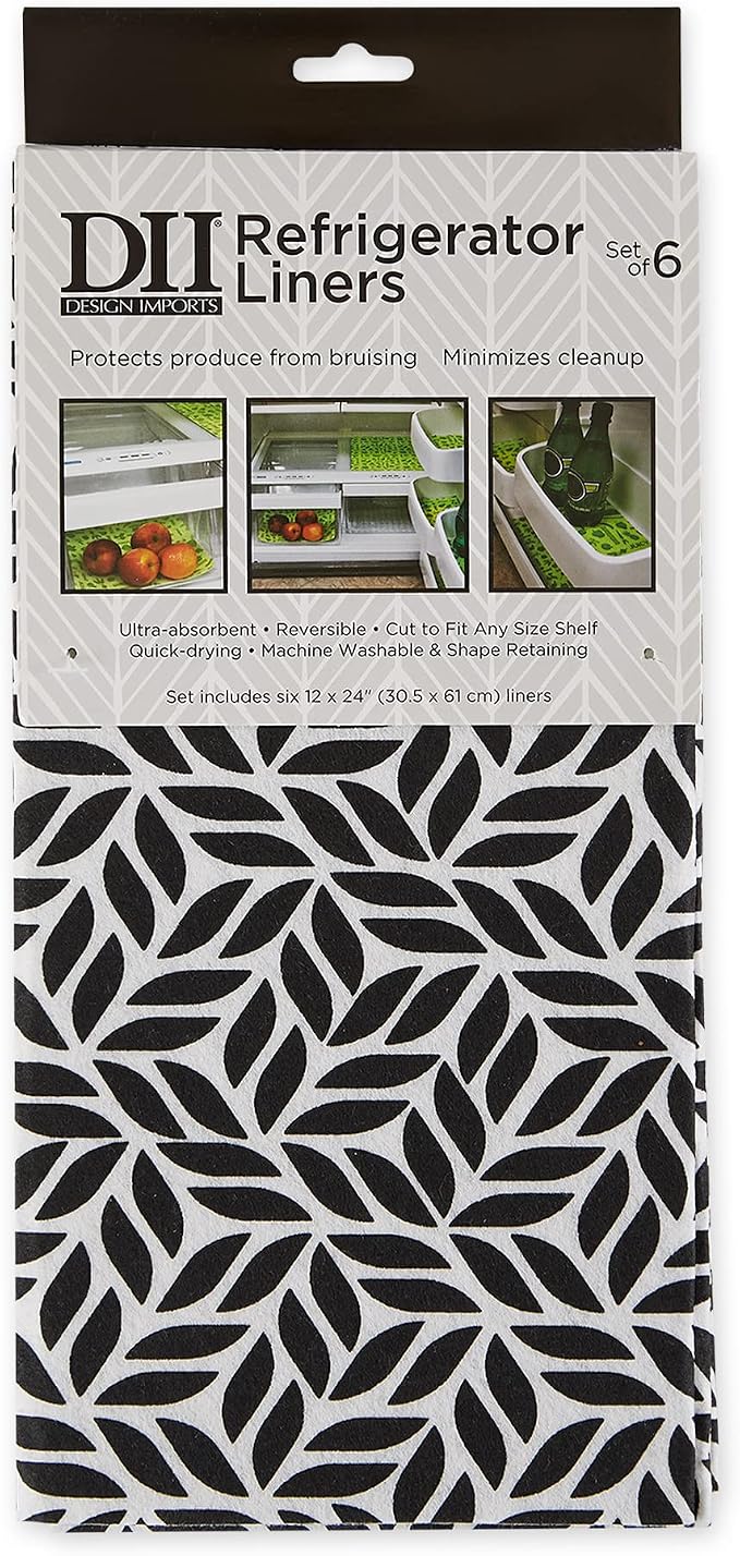 DII Fridge Liner Collection Non-Adhesive, Cut to Fit, 12x24, Black Abstract Leaf, 6 Piece