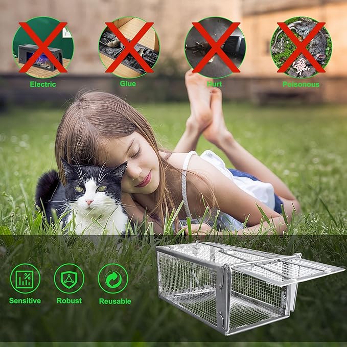 Humane Rat Traps 2-Pack, No Kill Small Animal Cage Trap, Live Mouse Trap Cage Catch and Release, Trampa para Ratones, Chipmunk Rodent Trap that Work for Indoor and Outdoor - 12.3" L x 6.5" W x 5.3" H