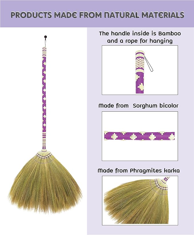 Asian Broom Whisk Broom Thai Natural Grass Broom Solid Wood Handle,Witch Broom, Broom for Floor Cleaning,House, Kitchen, Office (Purple) 40 Inch Asian Straw Broom for Wedding Jumping