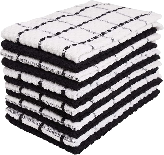 Kitchen Towels - Dish Towels and Dish Cloths - Hand Towel and Dishcloths Sets - 100% Soft Ring Spun Combed Cotton - Great for Cooking in Kitchen or Household Cleaning - Size 15" x 25" (Black, 12)
