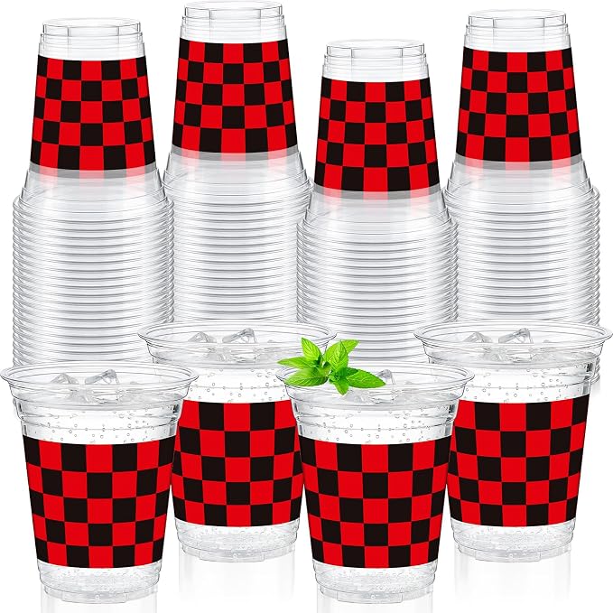 Qinyoung Checkered Plastic Cups 12oz Gingham Party Disposable Cups Bulk Drinking Cup for Cold Drinks Baby Shower Wedding Summer Birthday Party Supplies(Red and Black,50 Pcs)