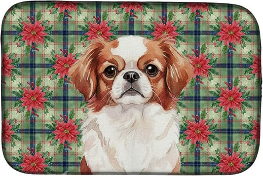 Caroline's Treasures Red and White Japanese Chin Christmas PoinsettIas Dish Drying Mat Absorbent Dish Drying Mat Pad for Kitchen Counter Dish Drainer Mat for Countertop, 14 x 21", Multicolor