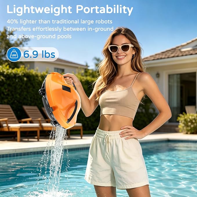 2026 New Cordless Robot Pool Vacuum, Automatic Pool Cleaner Robot with Dual-Motor, 130mins Runtime & Auto Parking Robotic Pool Vacuum for Above Ground Pool Up to 1100 Sq.Ft,JQR-V201,Orange