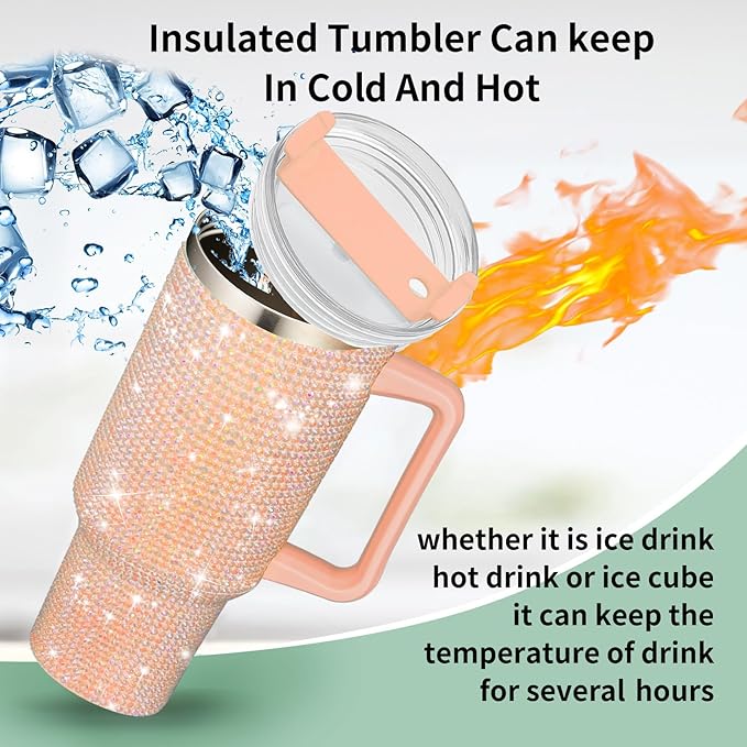 HWISDMIG 40oz Tumbler with Handle-Glitter Rhinestones Tumbler Bling Cups Stainless Steel Water Bottle Diamond Studded Tumbler for Women-Birthday Gifts for Women, Mom, Girlfriend (Peach Fuzz)