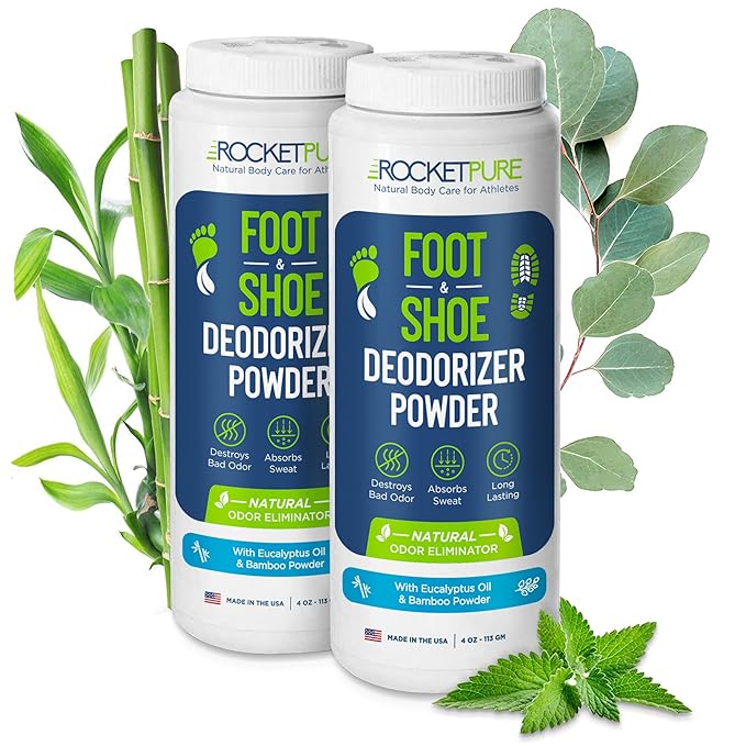 Rocket Pure Natural Foot and Shoe Deodorizer Powder, Deodorant and Odor Eliminator for Men and Women, Smell Remover, Formulated with Essential Oils, Made in the USA, Eucalyptus, 4 oz, (Pack of 2)