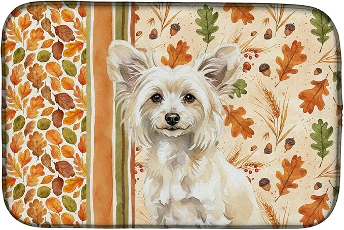 Caroline's Treasures Powderpuff Chinese Crested Heirloom Fall Dish Drying Mat Absorbent Dish Drying Mat Pad for Kitchen Counter Dish Drainer Mat for Countertop, 14 x 21", Multicolor