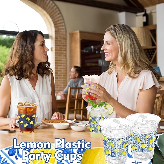 100Pcs Lemon Plastic Party Cups, 12oz Chinoiserie Lemon Disposable Clear Cups for Summer, Weddding, Baby Shower Parties, Holiday Gatherings, Birthday Party Drinking Cup