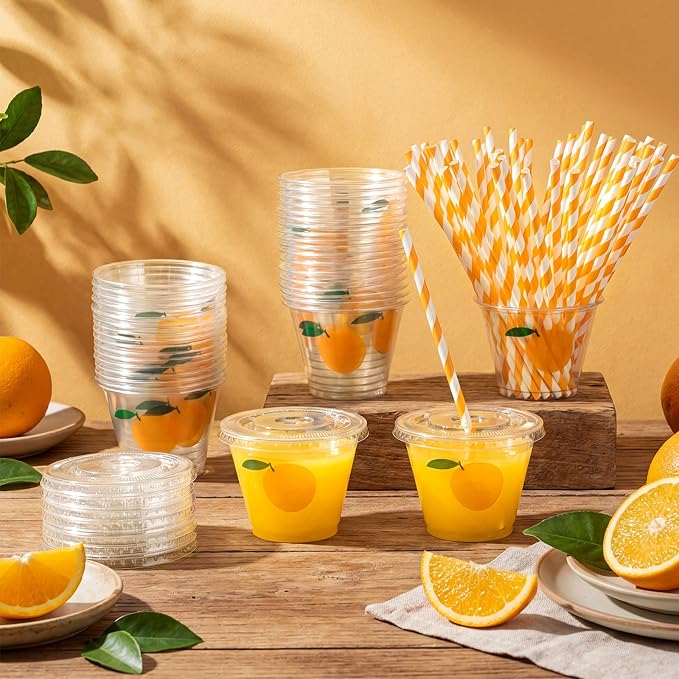 LemonRoad 100 Sets Little Cutie Disposable Plastic Cups Bulk with Lids Straws 9 oz Orange Clear Plastic Cups Tangerine Cold Hot Drinking Container for Baby Shower Birthday Daily Holiday Party Supplies
