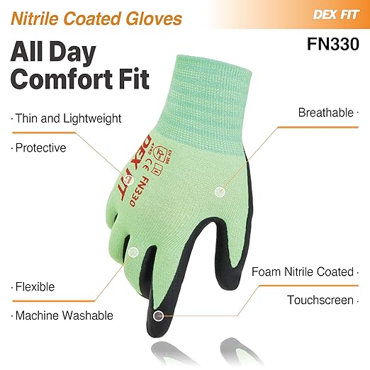 DEX FIT Nitrile Work Gloves FN330, 3 Pairs, 3D-Comfort Stretchy Fit, Firm Grip, Thin & Lightweight, Touch-Screen Compatible, Durable, Breathable & Cool, Machine Washable; Green XL (10)